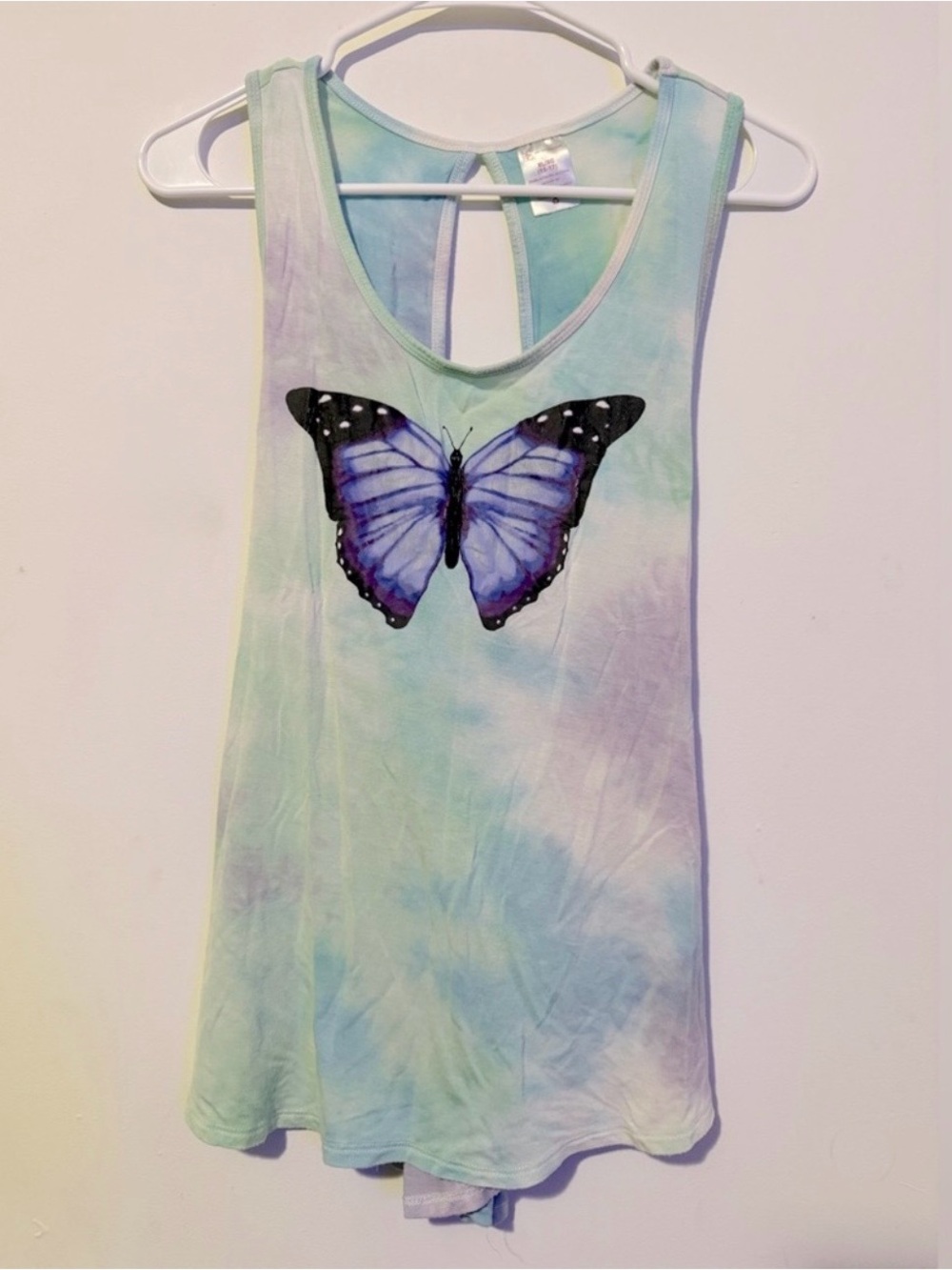 No Boundaries Juniors Tie-Dye Butterfly Print Criss-Cross Open Back Tank Top